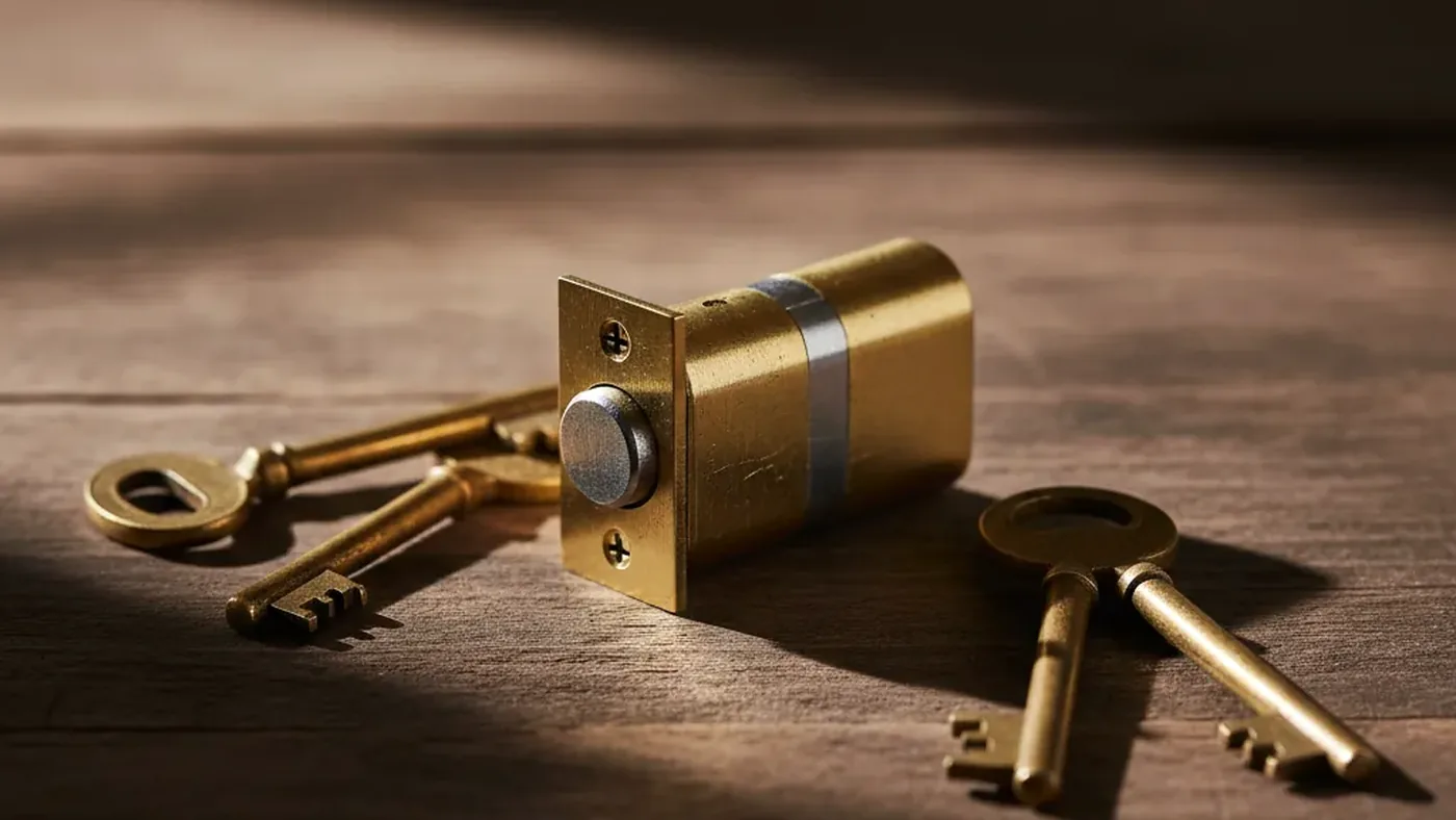 A brass euro cylinder lock and keys on a wooden work surface