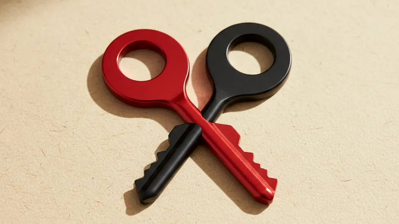 Two brass keys on a dark workbench