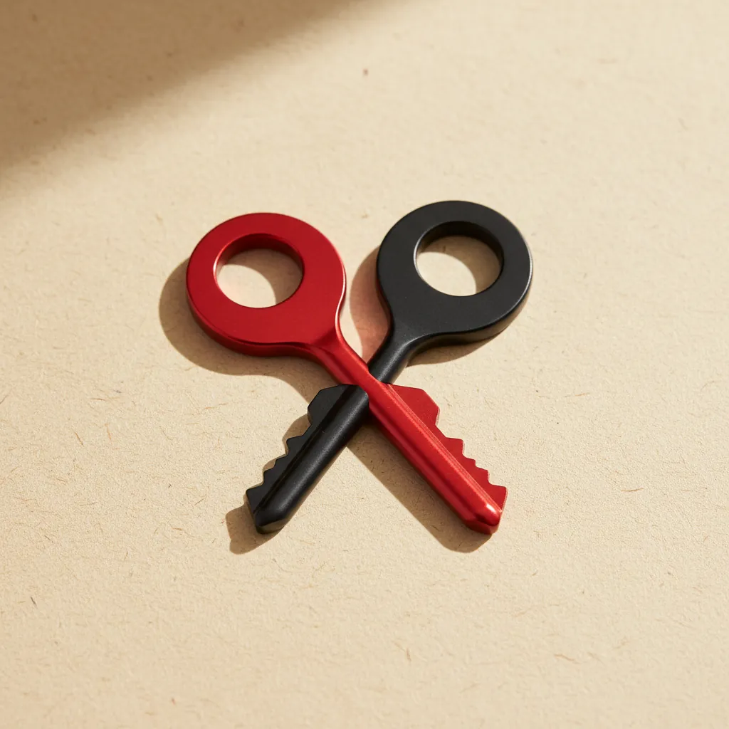 Two keys — one red, one black — crossed on warm paper background