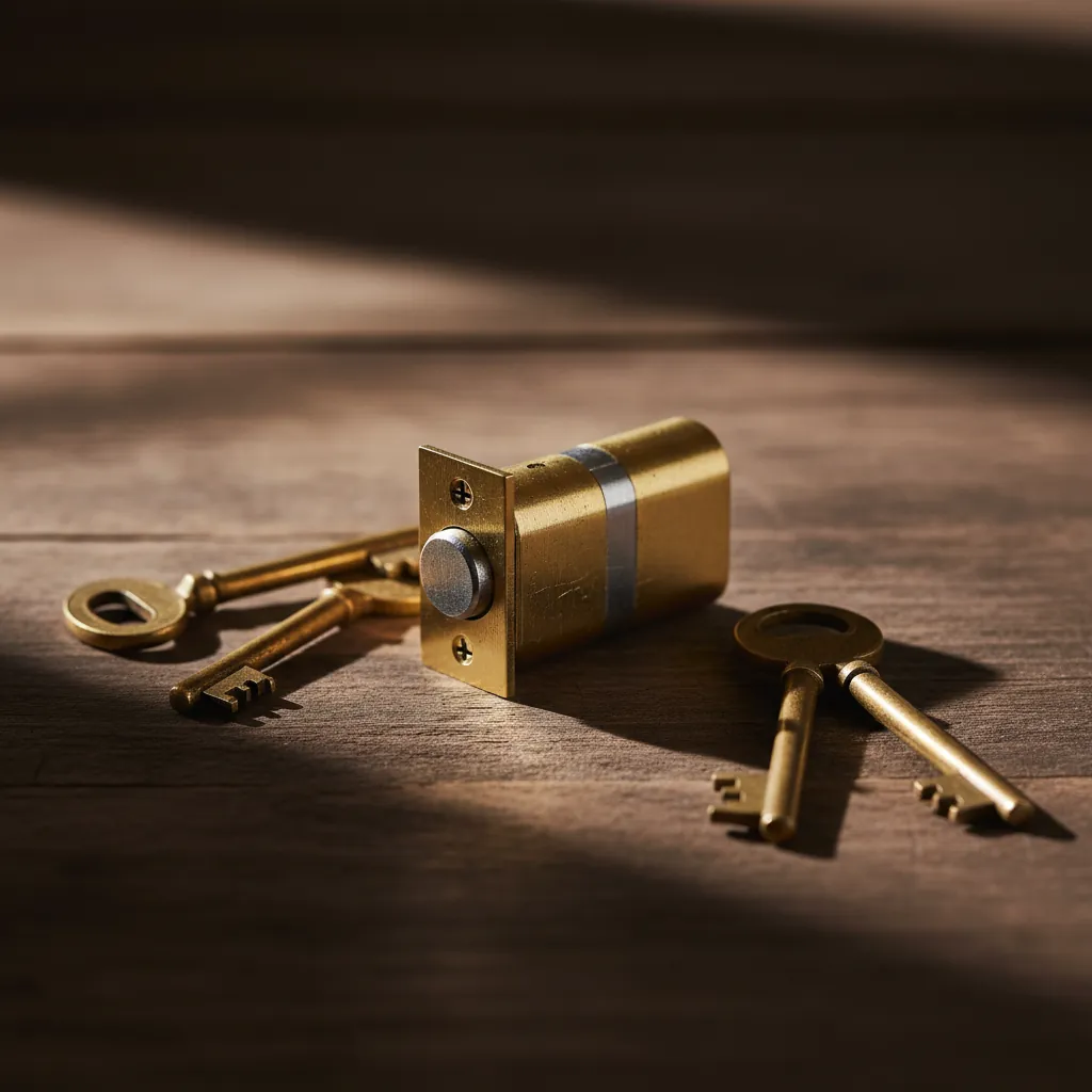 A brass euro-cylinder lock with three brass keys on dark walnut, soft warm light